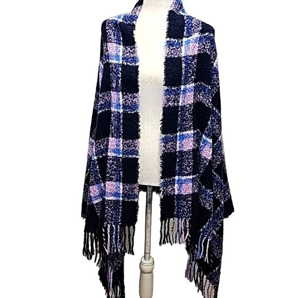 Aerie Navy Pink Blue and White Plaid Scarf Throw Shawl Fringe Soft 72" x 32" OS - Picture 1 of 5